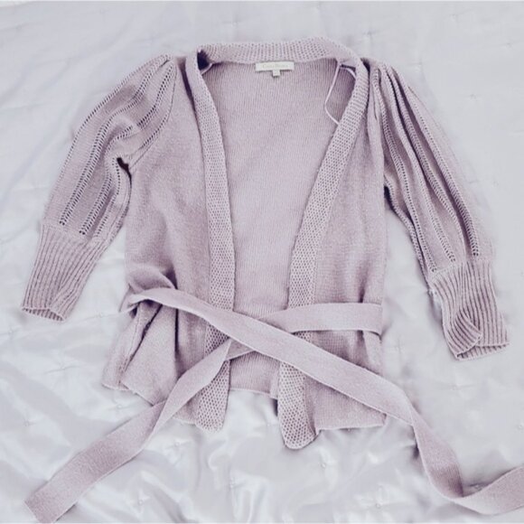 Vintage Y2K Costa Blanca Tie Waist Puff Sleeve Cardigan- Light Taupe/Lilac- XS - Picture 2 of 16